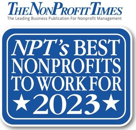 The NonProfit Time's Best Places to Work For 2023 logo in a blue box with stars.